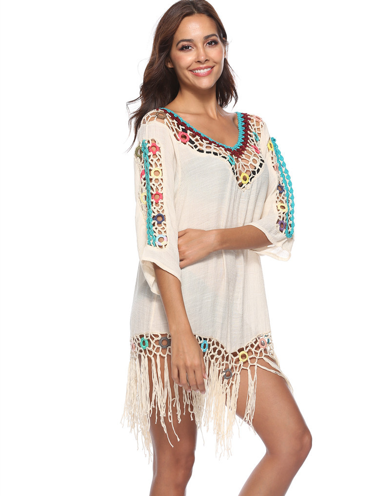 Womens Boho Beach Cover-Up With Tassel Hem - Sexy Crochet V-Neck Beach Dress